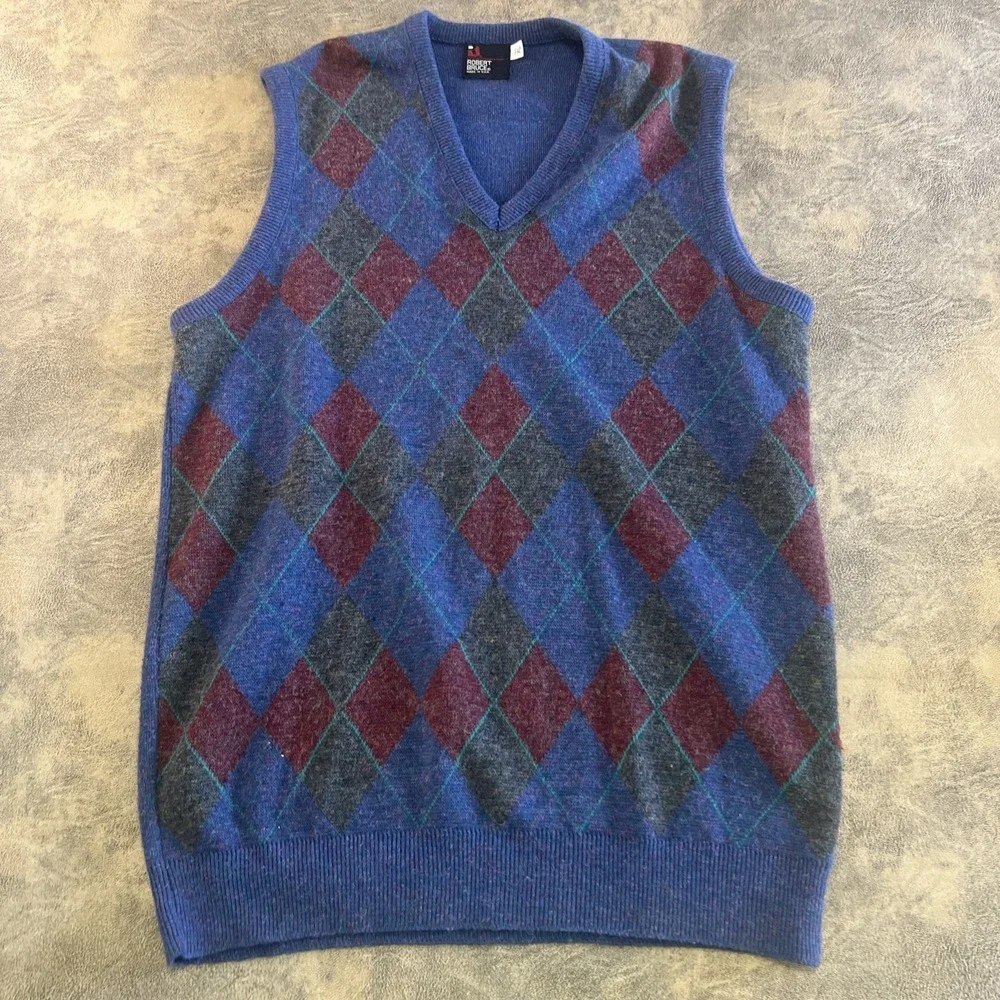 Robert Bruce Sweater Vest XL‎ TALL VTG Made in USA Blue Diamond Argyle V-Neck